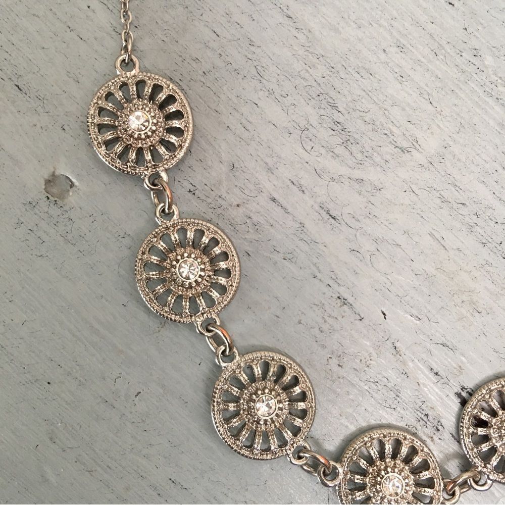 Silver Medallion Necklace with Crystals